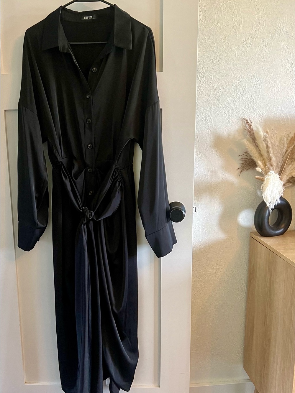 BTFBM Button Down Ruched Lapel V Neck Silk Satin Tie Waist Fall Dress